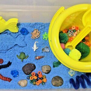 Ocean Sensory Bin, Kinetic Sand Base, Activity Tray Kit for Play, Learning Toy